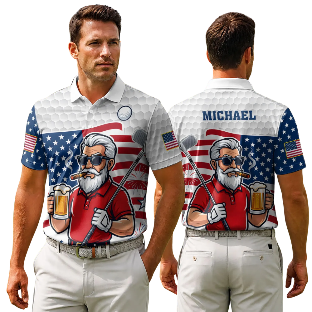 Custom Beer And Old Man American Flag Mens Golf Polo Shirt, Custom Patriotic Beer Golf Shirts GE0554