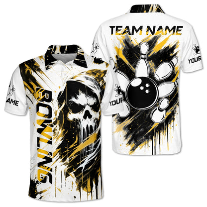 Custom Skull Black White Bowling Polo Shirt Men, Custom Team Skull Bowling Shirts BM0344