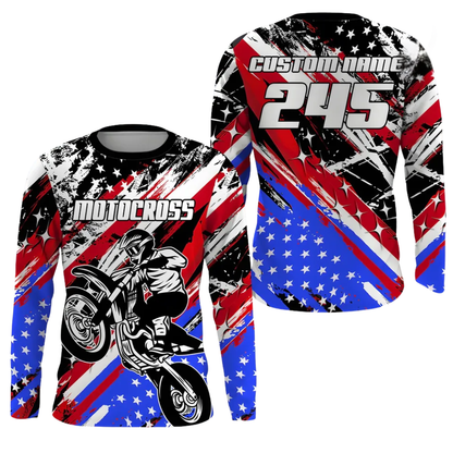 Custom American Flag Rider Motocross Long Sleeve Jersey Shirt Mens, Personalized Patriotic Dirt Bike Motocross Shirts MZ0089