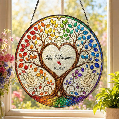 4 Seasons Tree Custom Couple Stained Glass Suncatcher, Custom Wedding Anniversary Suncatcher WD0376