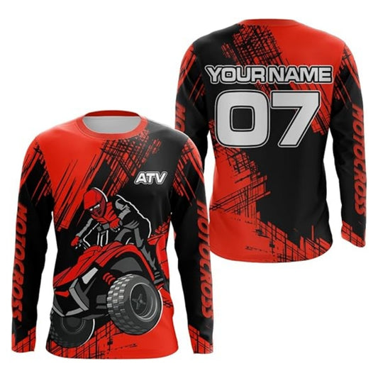 Custom ATV Motocross Black And Red Men's Long Sleeve Jerseys, Custom ATV Shirts MZ0037