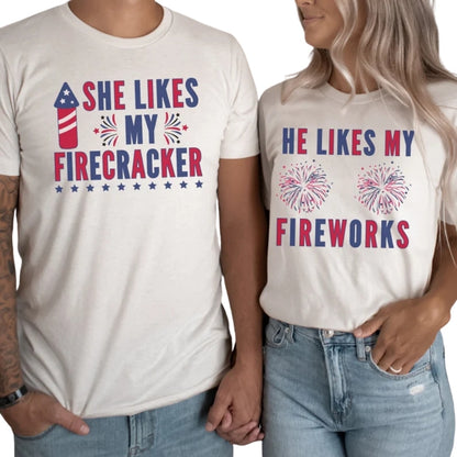 She Likes My Firecracker He Likes My Fireworks Matching Couples 4th Of July T Shirts, Funny His And Her Matching Shirts For Independence Day ET0735