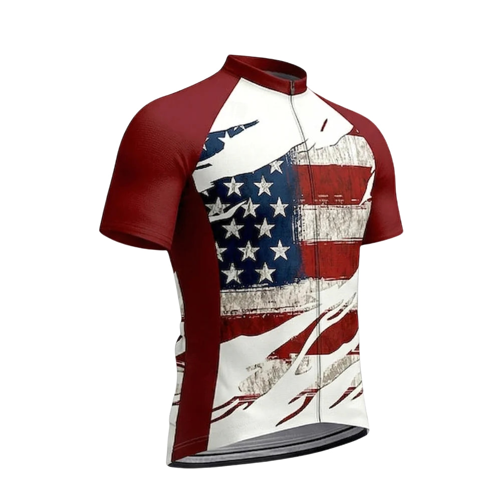 White And Red Grunge USA Flag Cycling Short Sleeve Jersey For Men, Patriotic Cycling Jerseys CZ0149