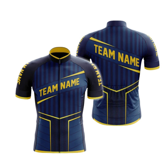 Custom Cycling Team Short Sleeve Jersey For Men Navy Yellow, Custom Navy Cycling Jerseys CG0512