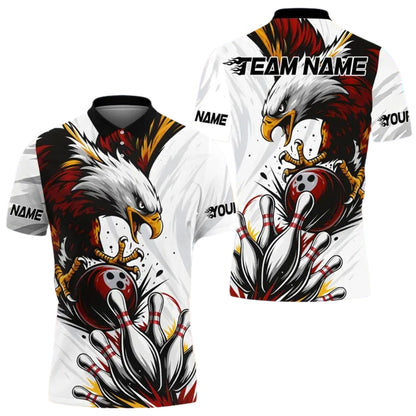 Custom Eagle Men's Red And White Bowling Polo Shirt, Custom Eagle Bowling Team Shirts BE0158