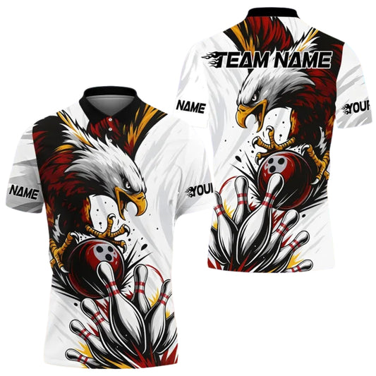 Custom Eagle Men's Red And White Bowling Polo Shirt, Custom Eagle Bowling Team Shirts BE0158