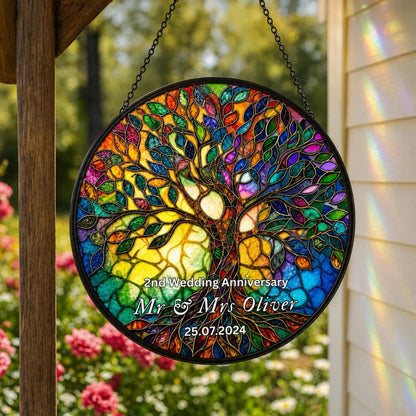 2nd Wedding Anniversary Custom Last Name Stained Glass Suncatcher, Custom 2 Years Anniversary Suncatcher For Couple WD0377