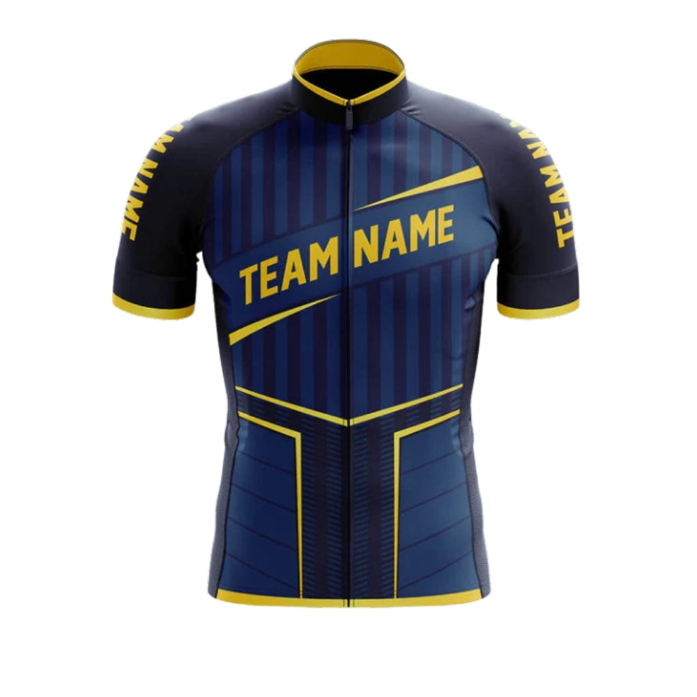 Custom Cycling Team Short Sleeve Jersey For Men Navy Yellow, Custom Navy Cycling Jerseys CG0512