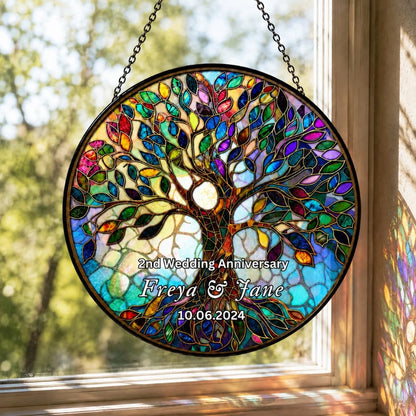 2nd Wedding Anniversary Custom Last Name Stained Glass Suncatcher, Custom 2 Years Anniversary Suncatcher For Couple WD0377