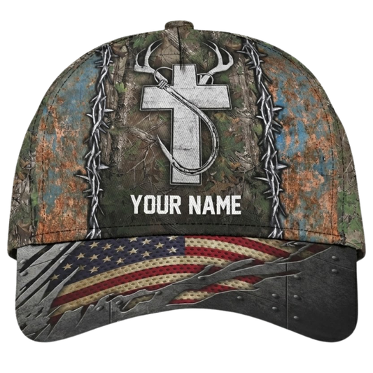 Custom Hunting Fishing Cross USA Flag Baseball Cap, Custom Name 3D Printed Cap For Hunter CP0549