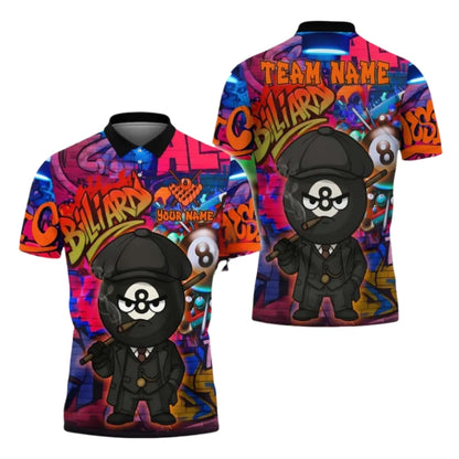 Custom 8 Ball Graffiti Men's Billiard Polo Shirts, Custom 8 Ball Pool Team Shirts BIE0050