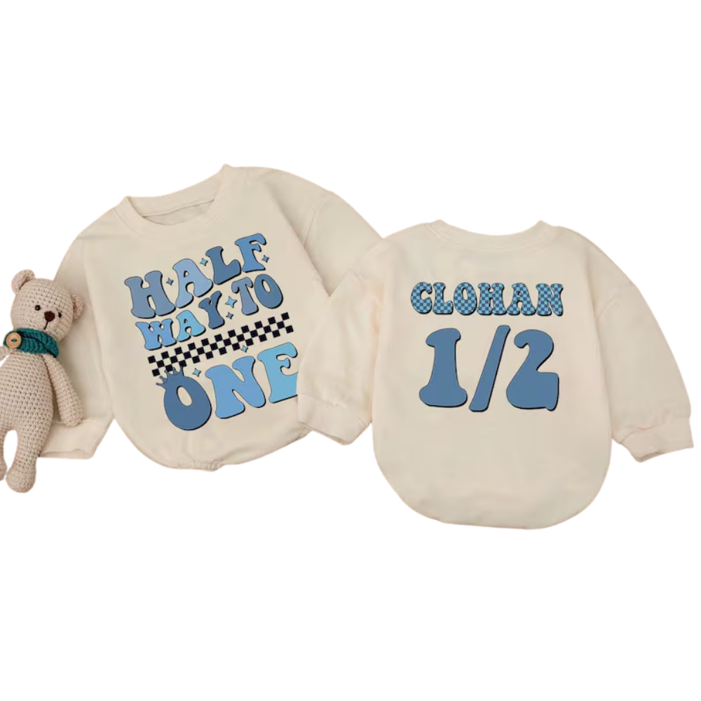 Personalized Half Way To One Baby Romper Sweatshirt, Custom 1/2 Birthday Romper Sweatshirt For Baby BB0500