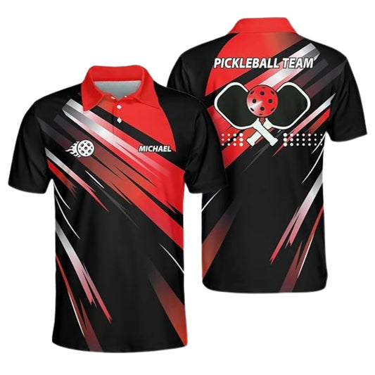 Custom Black Red Pickleball Team Polo Shirts For Mens, Custom Pickleball Team Shirts PZ0002