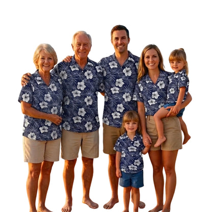 White Navy Hibiscus Family Hawaiian Shirts, Matching Floral Hibiscus Family Hawaiian Shirts ET0899