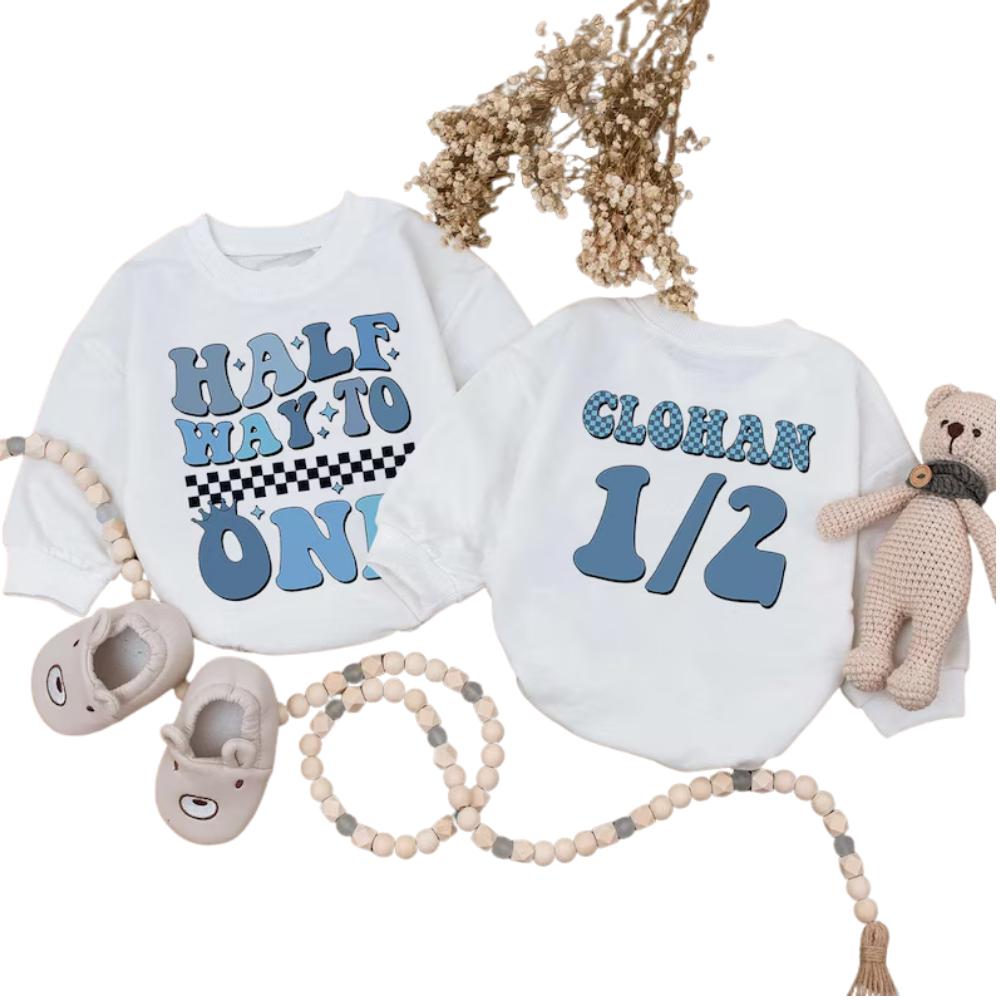 Personalized Half Way To One Baby Romper Sweatshirt, Custom 1/2 Birthday Romper Sweatshirt For Baby BB0500