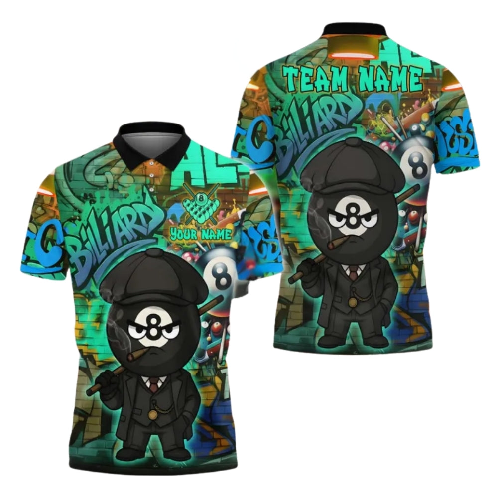 Custom 8 Ball Graffiti Men's Billiard Polo Shirts, Custom 8 Ball Pool Team Shirts BIE0050