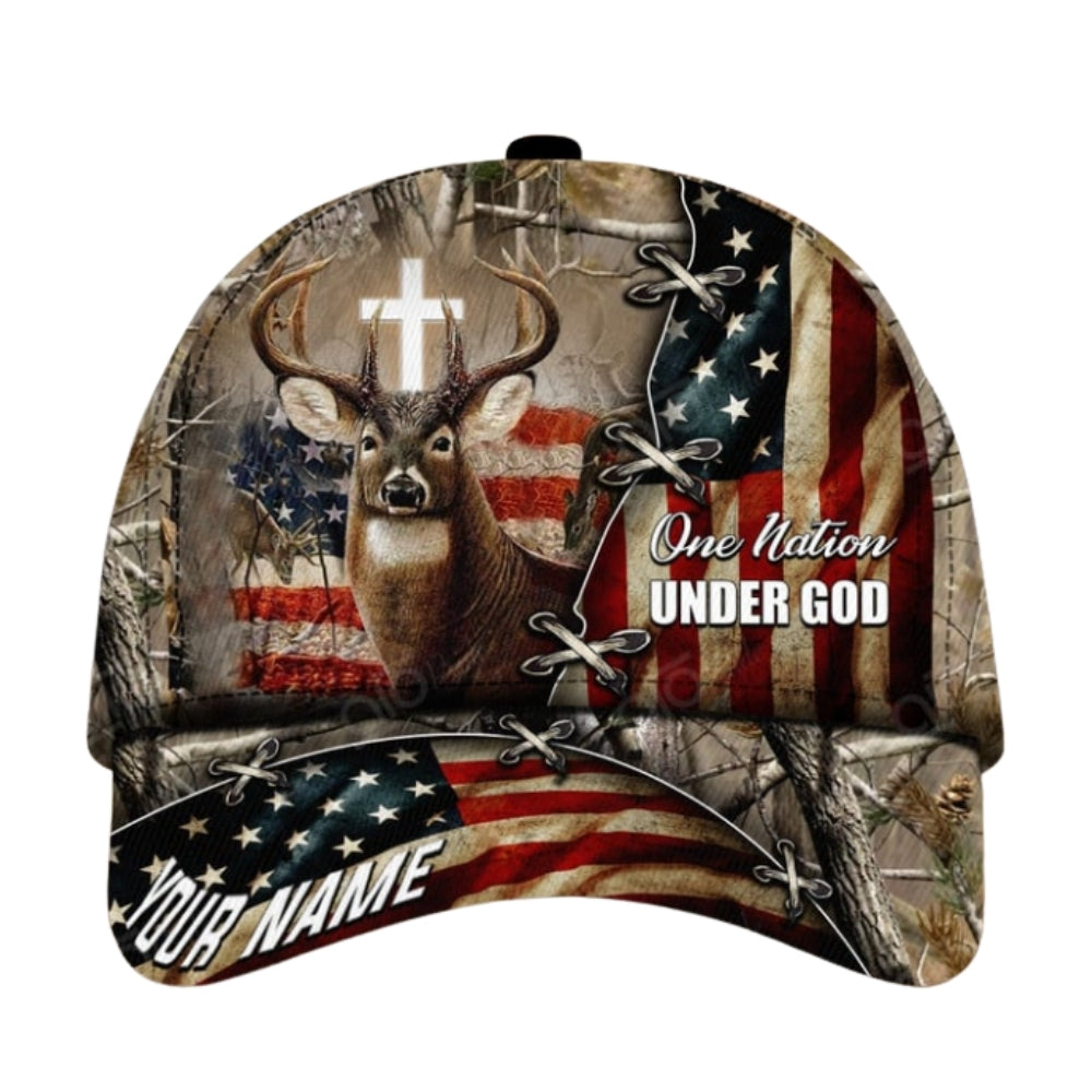 One Nation Under God Custom American Flag Deer Hunting Baseball Cap, Custom Deer Hunting Caps CP0369