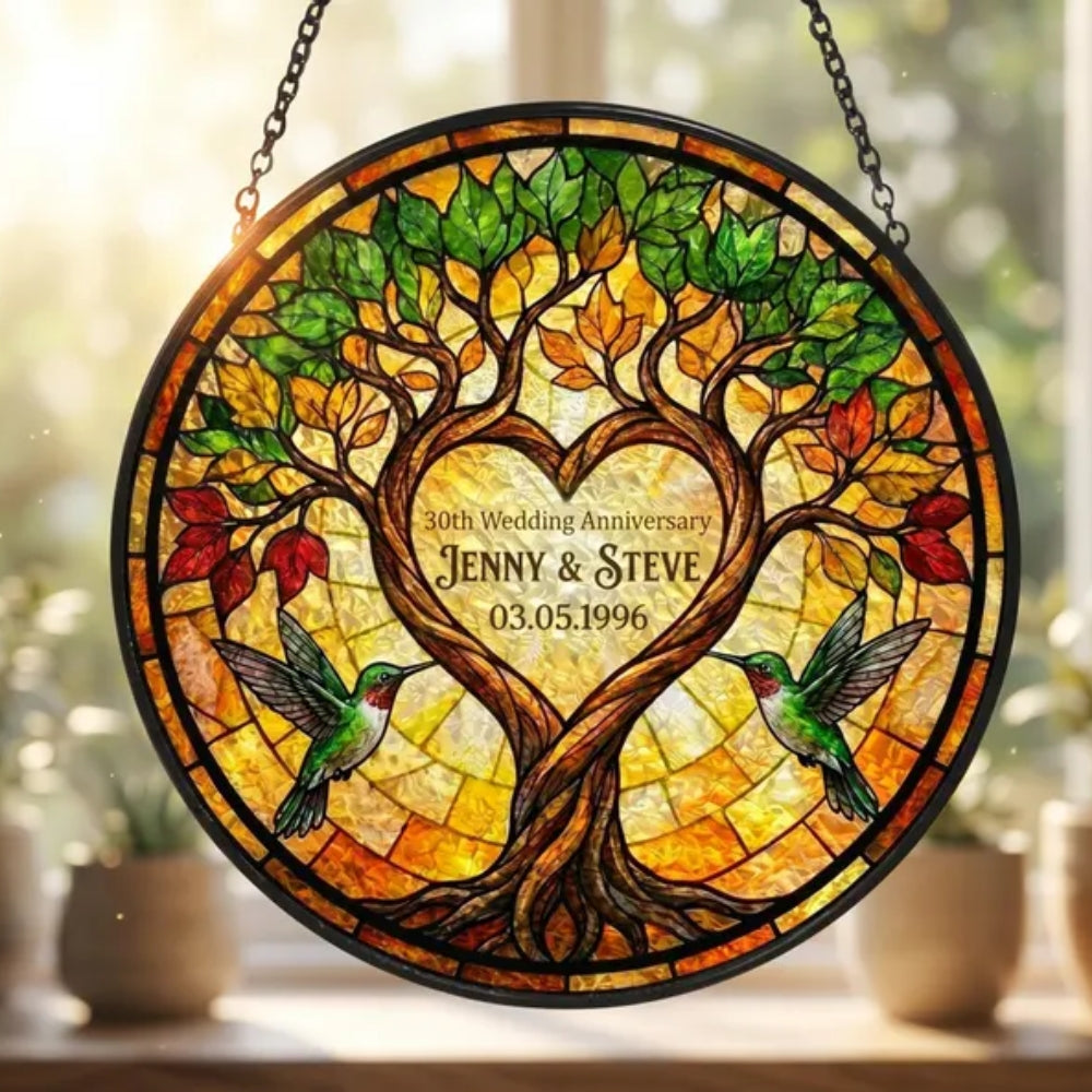 Personalized 30th Wedding Anniversary Stained Glass Suncatcher, Custom Pearl Anniversary Suncatcher WD0378