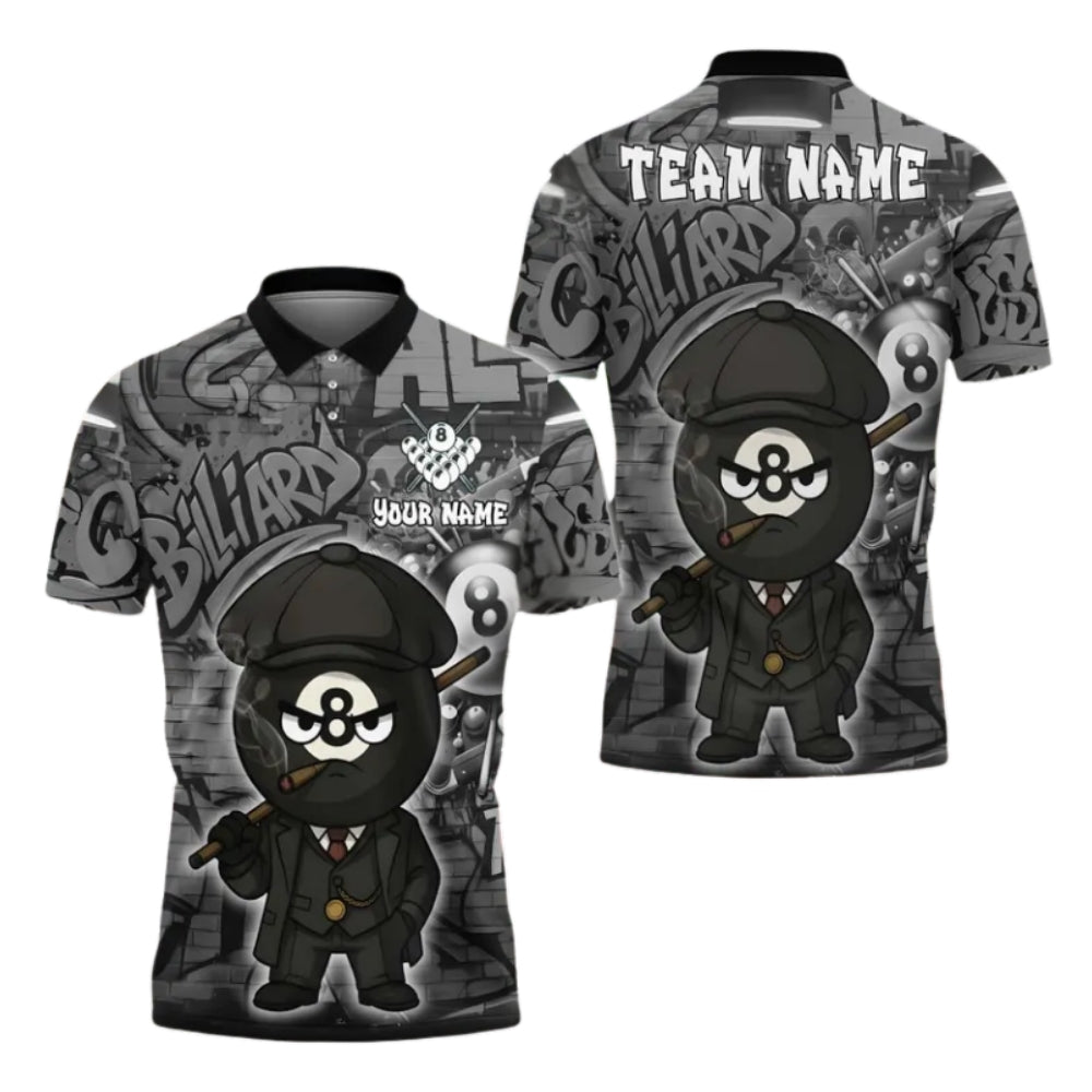 Custom 8 Ball Graffiti Men's Billiard Polo Shirts, Custom 8 Ball Pool Team Shirts BIE0050