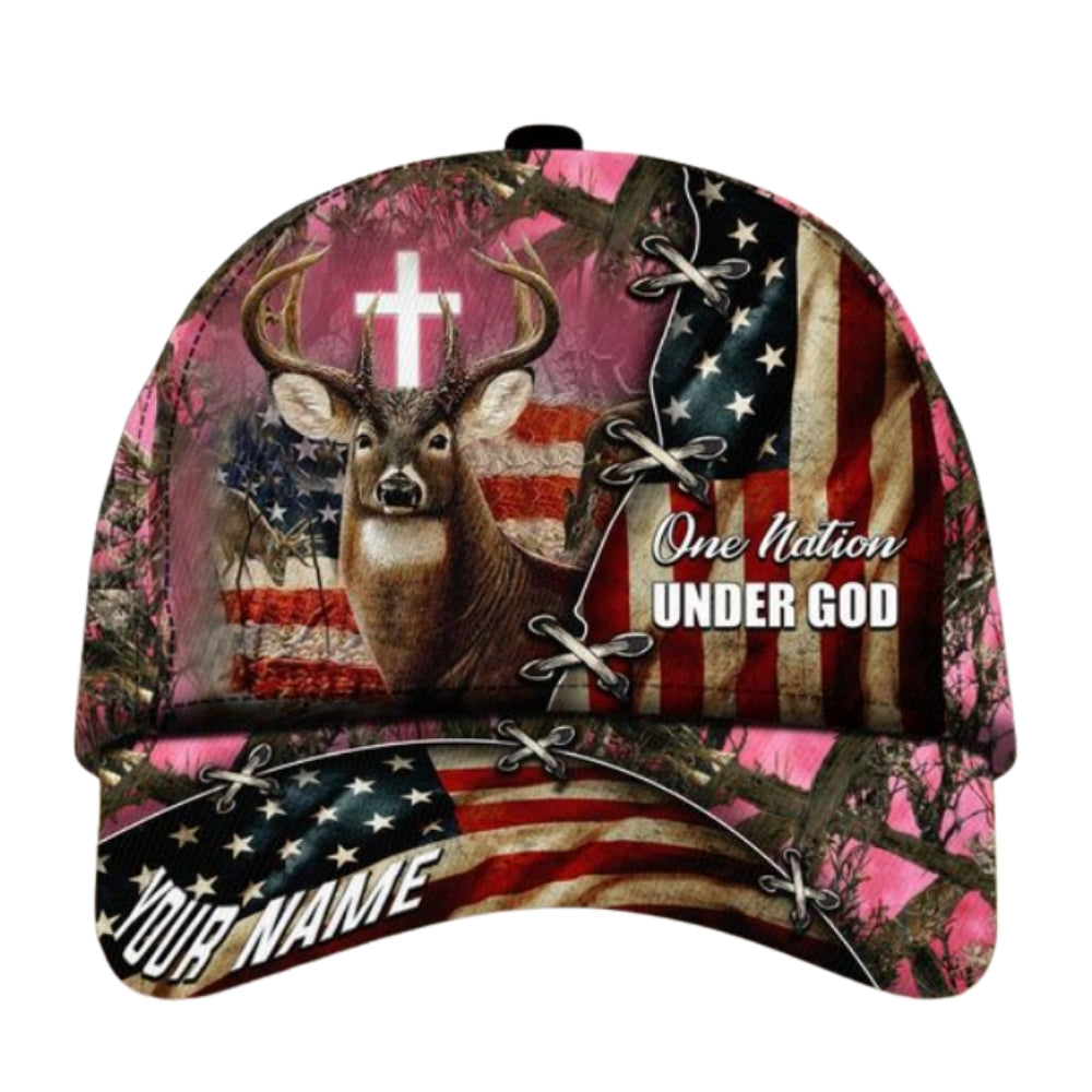 One Nation Under God Custom American Flag Deer Hunting Baseball Cap, Custom Deer Hunting Caps CP0369