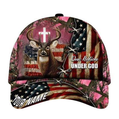 One Nation Under God Custom American Flag Deer Hunting Baseball Cap, Custom Deer Hunting Caps CP0369