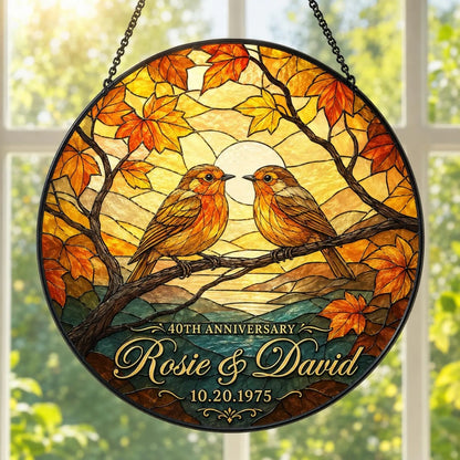 40th Wedding Anniversary Custom Bird Stained Glass Suncatcher For Couple, Custom Ruby Anniversary Suncatcher WD0379