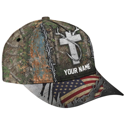 Custom Hunting Fishing Cross USA Flag Baseball Cap, Custom Name 3D Printed Cap For Hunter CP0549