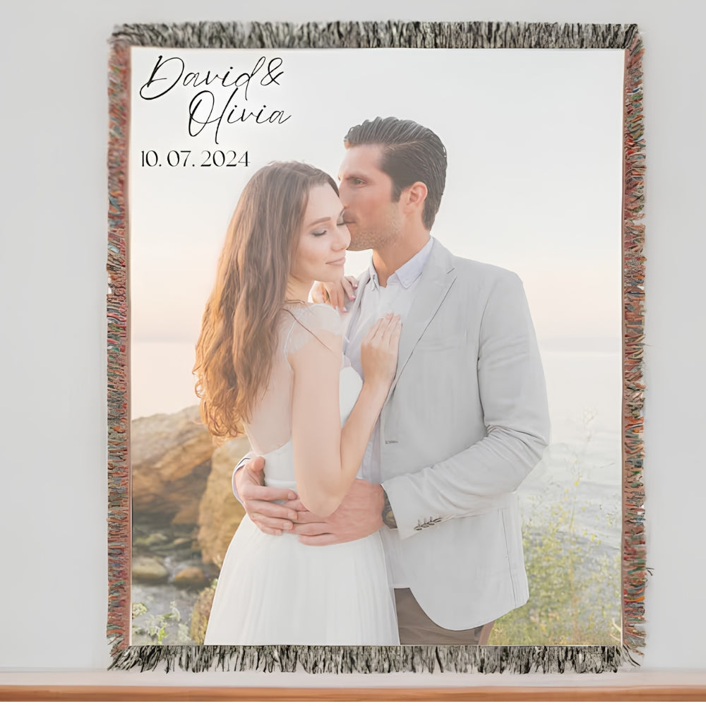Custom Photo Wedding Anniversary Woven Blanket, Personalized Wedding Blanket With Picture WD0357