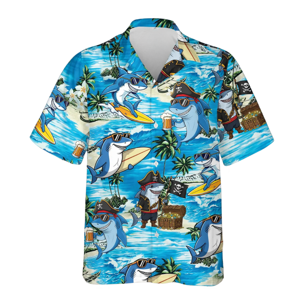 Pirate Shark Tropical Hawaiian Shirt Men, Funny Shark Hawaiian Shirt HE0788