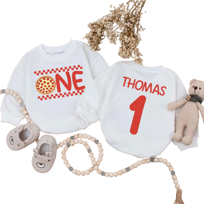 Custom One Pizza First Birthday Baby Romper Sweatshirt, Custom 1st Birthday Pizza Baby Romper Sweater BB0501
