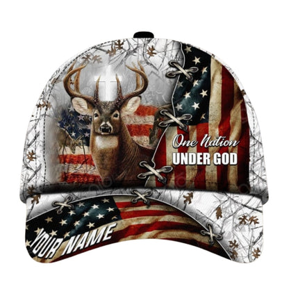 One Nation Under God Custom American Flag Deer Hunting Baseball Cap, Custom Deer Hunting Caps CP0369