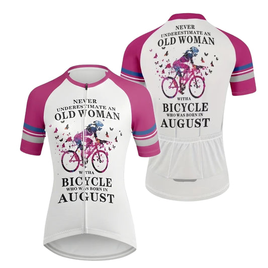 Never Underestimate An Old Woman With A Bicycle Who Was Born In August Cycling Short Sleeve Jersey, Funny Cycling Jerseys For Women CE0019