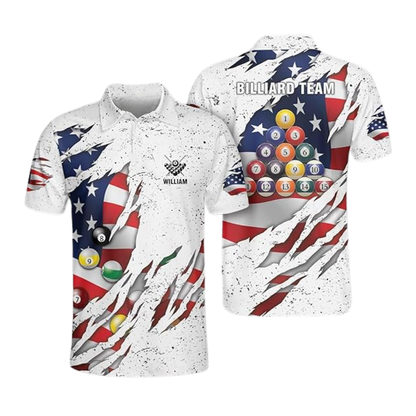 Custom American Flag White Billiard Polo Shirt For Men, Custom Patriotic Billiard Team Shirts BIZ0115