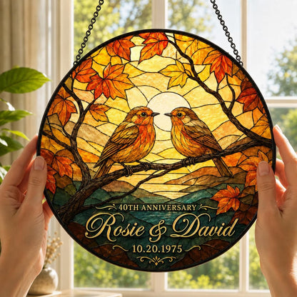 40th Wedding Anniversary Custom Bird Stained Glass Suncatcher For Couple, Custom Ruby Anniversary Suncatcher WD0379