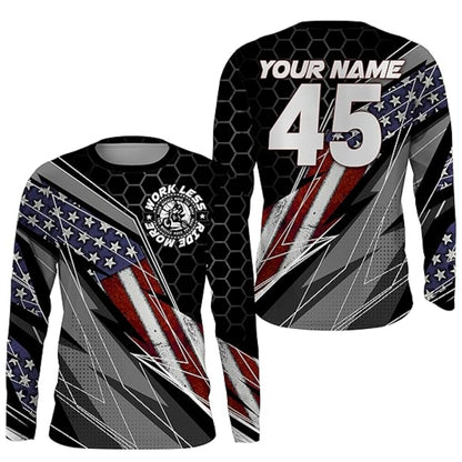 Word Less Ride More Custom USA Flag Racing Dirt Bike Long Sleeve Shirt For Men, Custom Patriotic Dirt Bike Jerseys MZ0008