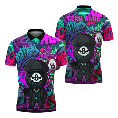 Custom 8 Ball Graffiti Men's Billiard Polo Shirts, Custom 8 Ball Pool Team Shirts BIE0050