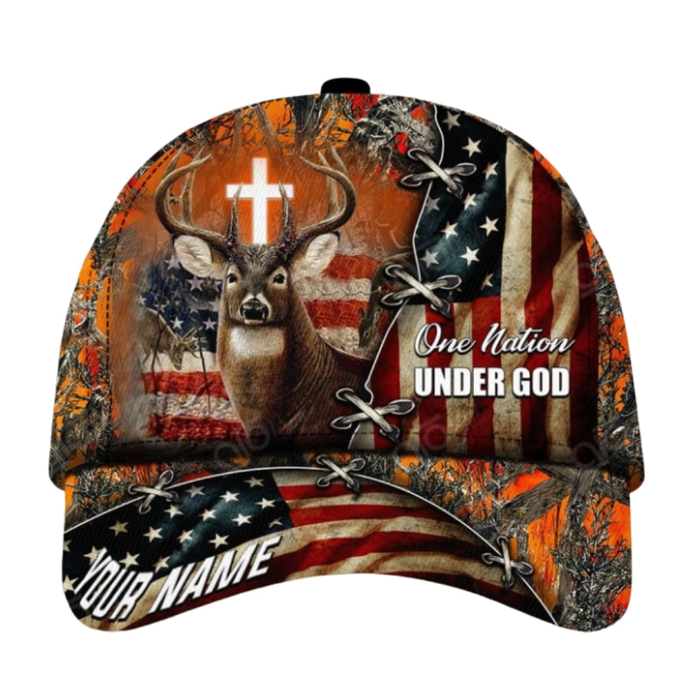 One Nation Under God Custom American Flag Deer Hunting Baseball Cap, Custom Deer Hunting Caps CP0369