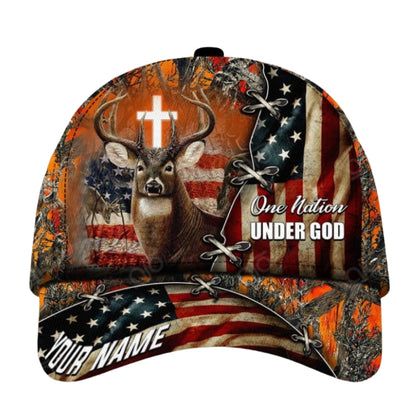 One Nation Under God Custom American Flag Deer Hunting Baseball Cap, Custom Deer Hunting Caps CP0369