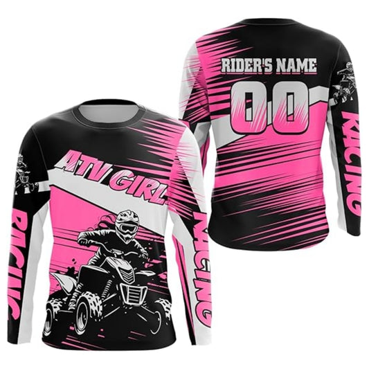 Custom ATV Girl Racing Black Pink Long Sleeve Shirt Womens, Custom ATV Shirts For Ladies MZ0038