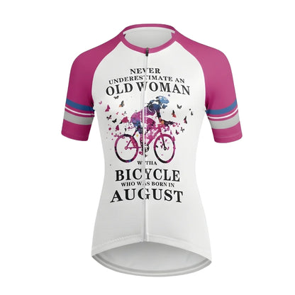 Never Underestimate An Old Woman With A Bicycle Who Was Born In August Cycling Short Sleeve Jersey, Funny Cycling Jerseys For Women CE0019