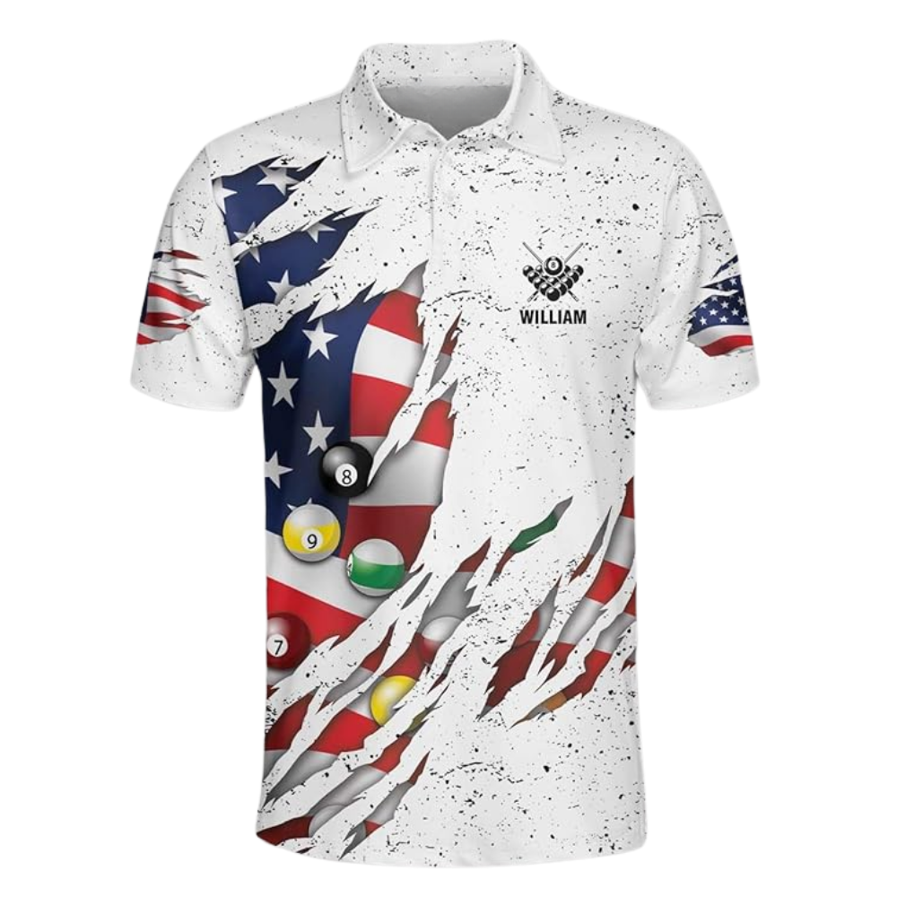Custom American Flag White Billiard Polo Shirt For Men, Custom Patriotic Billiard Team Shirts BIZ0115