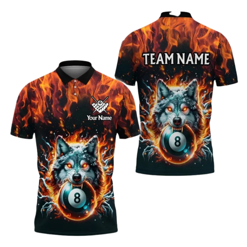 Custom Wolf 8 Ball Flaming Billiard Men Polo Shirt, Custom Wolf Billiard Team Shirts BIE0051