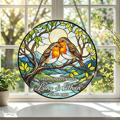 50th Anniversary Custom Bird Couple Stained Glass Suncatcher, Custom Golden Anniversary Suncatcher WD0380