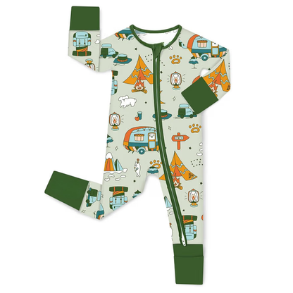 Camping Green Baby Convertible Zipper Romper, Camp Baby Romper Convertible BB0634