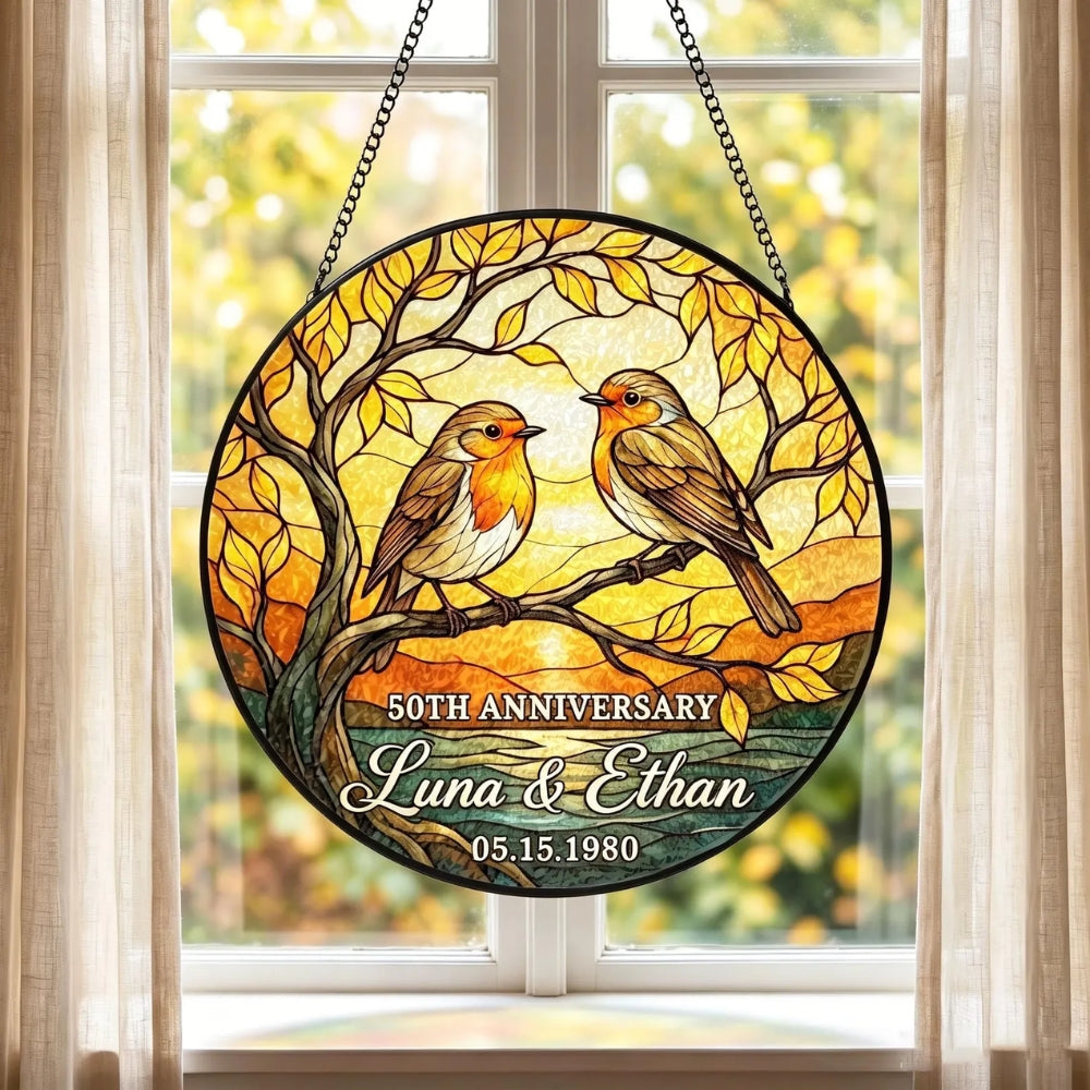 50th Anniversary Custom Bird Couple Stained Glass Suncatcher, Custom Golden Anniversary Suncatcher WD0380