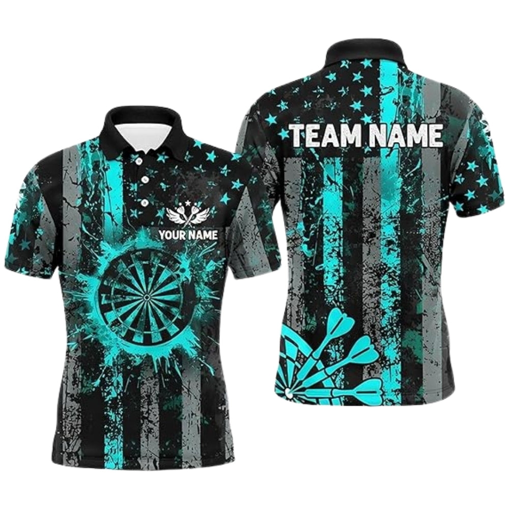 Custom Black Cyan USA Flag Dart Men's Polo Shirt, Custom Patriotic Darts Team Shirts DZ0038