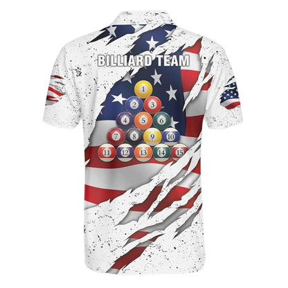 Custom American Flag White Billiard Polo Shirt For Men, Custom Patriotic Billiard Team Shirts BIZ0115