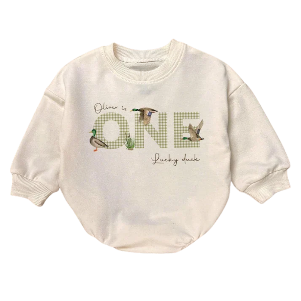 One Luck Duck Custom Mallard Duck Baby Romper Sweatshirt, Custom 1st Birthday Duck Baby Romper Sweater BB0502