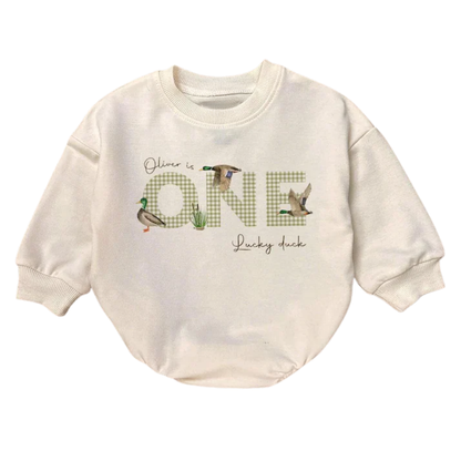 One Luck Duck Custom Mallard Duck Baby Romper Sweatshirt, Custom 1st Birthday Duck Baby Romper Sweater BB0502