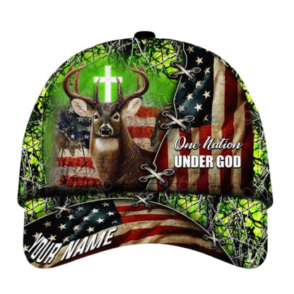 One Nation Under God Custom American Flag Deer Hunting Baseball Cap, Custom Deer Hunting Caps CP0369